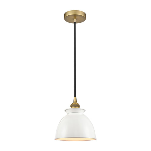 Innovations Adirondack 8.25in 1-Light Mini Pendant | Industrial Brushed Brass and Glossy White Metal Shade | Kitchen Island & | Model 616-1P-BB-M14-W