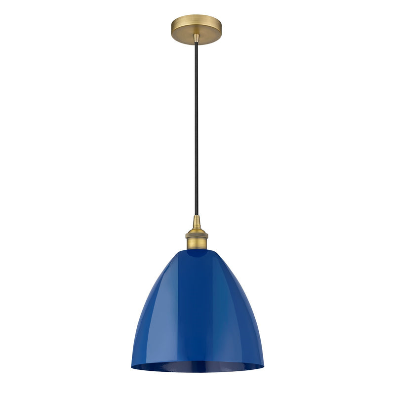 Innovations Plymouth 12in 1-Light Mini Pendant | Industrial Brushed Brass Steel and Matte Blue Metal | Kitchen Island & | Model 616-1P-BB-MBD-12-BL-LED
