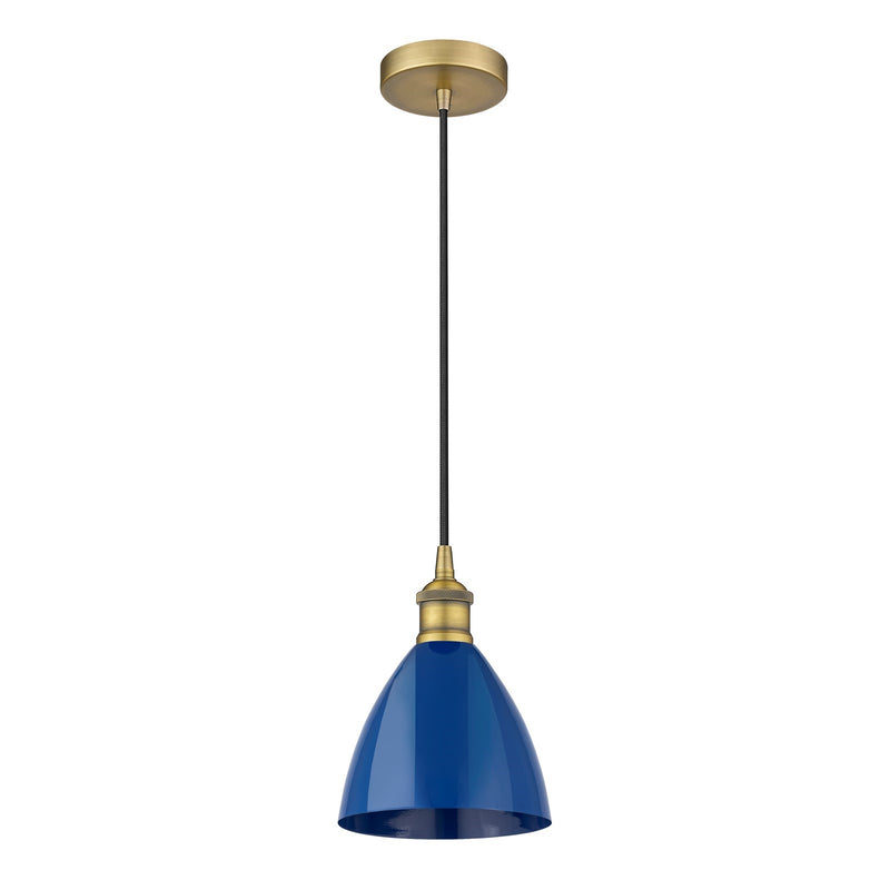 Innovations Plymouth 8in 1-Light Mini Pendant | Industrial Farmhouse Brushed Brass and Matte Blue Metal | Kitchen Island & | Model 616-1P-BB-MBD-75-BL-LED