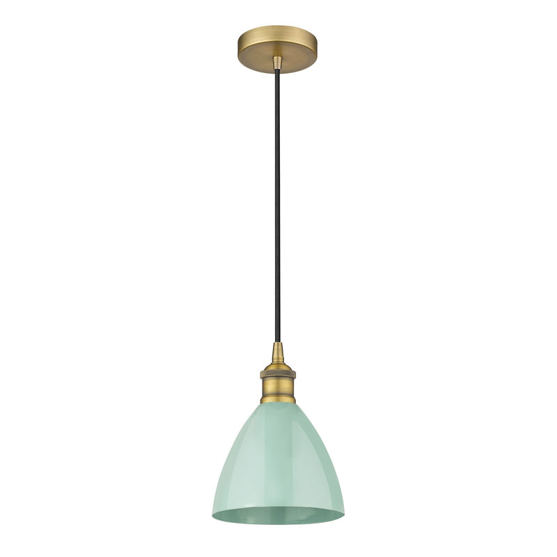 Innovations Plymouth 1-Light 7.5in Mini Pendant | Industrial Farmhouse Brushed Brass and Matte Seafoam Metal Shade | Model 616-1P-BB-MBD-75-SF-LED
