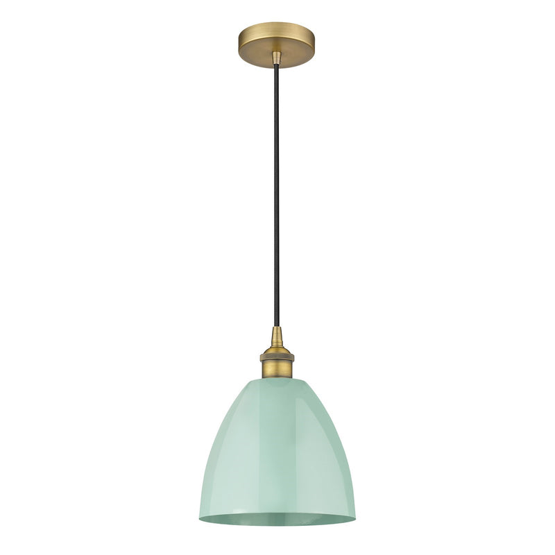 Innovations Plymouth 9in 1-Light Mini Pendant | Industrial Brushed Brass Steel and Matte Seafoam Metal | Kitchen Island & | Model 616-1P-BB-MBD-9-SF-LED