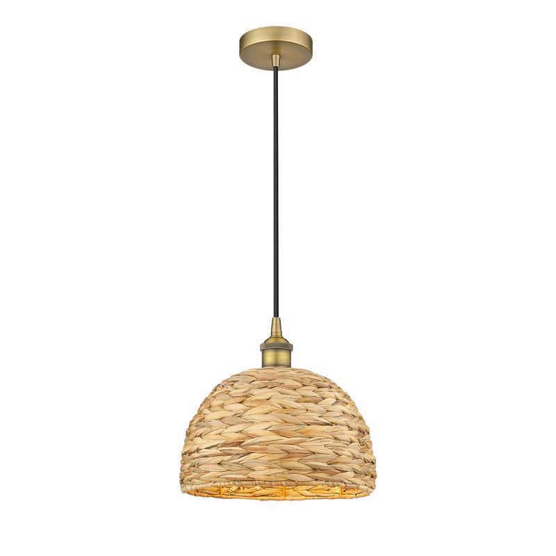 Innovations Woven Rattan 12in 1-Light Mini Pendant | Industrial Brushed Brass and Natural Fiber Dome Shade | Kitchen Island & | Model 616-1P-BB-RBD-12-NAT