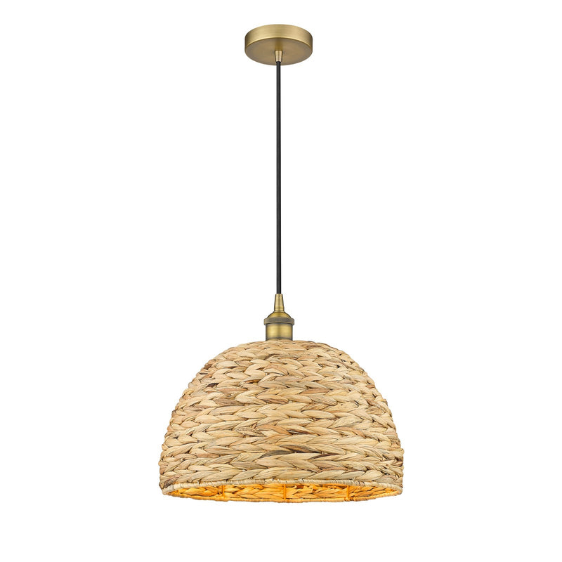 Innovations Woven Rattan 16in 1-Light Mini Pendant | Industrial Brushed Brass and Natural Fiber Dome Shade | Kitchen Island & | Model 616-1P-BB-RBD-16-NAT