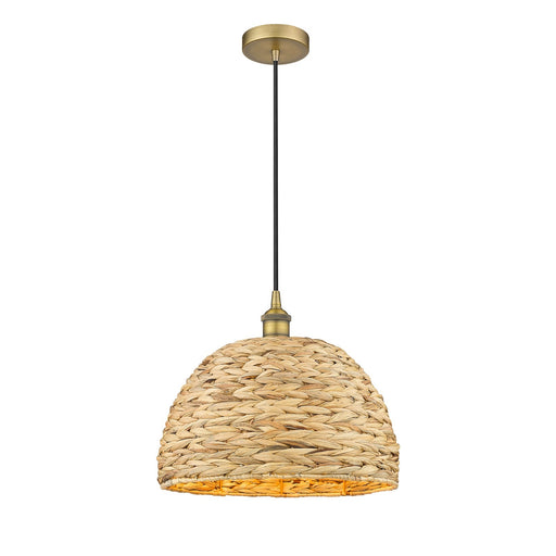 Innovations Woven Rattan 16in 1-Light Mini Pendant | Industrial Brushed Brass and Natural Fiber Dome Shade | Kitchen Island & | Model 616-1P-BB-RBD-16-NAT
