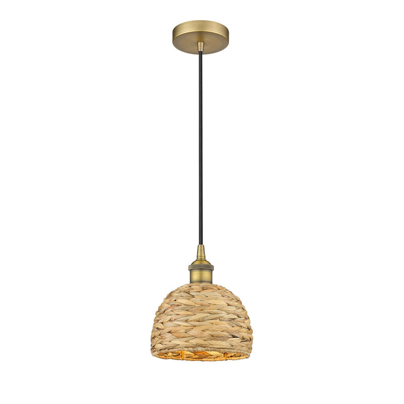 Innovations Woven Rattan 8in 1-Light Mini Pendant | Rustic Brushed Brass and Natural Woven Rattan | Kitchen Island & Dining | Model 616-1P-BB-RBD-8-NAT