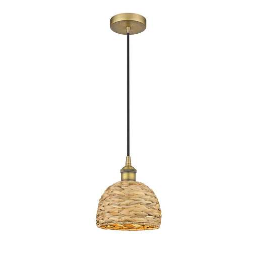Innovations Woven Rattan 8in 1-Light Mini Pendant | Rustic Brushed Brass and Natural Woven Rattan | Kitchen Island & Dining | Model 616-1P-BB-RBD-8-NAT