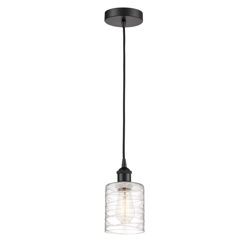 Innovations Cobbleskill 5in 1-Light Mini Pendant | Industrial Matte Black Steel and Deco Swirl Clear Glass | Kitchen Island & | Model 616-1P-BK-G1113