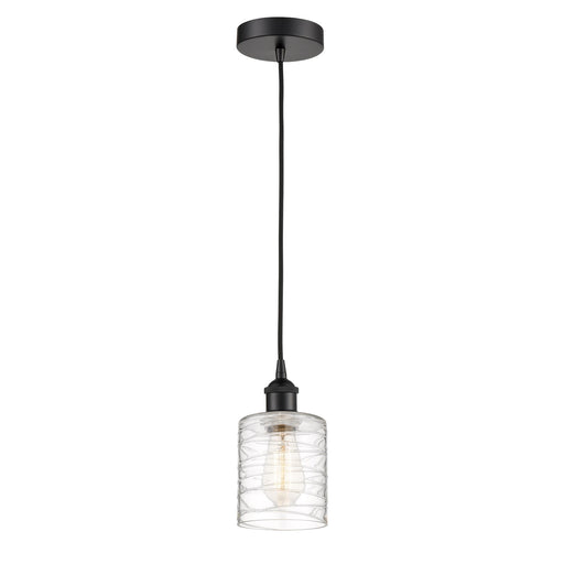 Innovations Cobbleskill 5in 1-Light Mini Pendant | Industrial Matte Black Steel and Deco Swirl Clear Glass | Kitchen Island & | Model 616-1P-BK-G1113