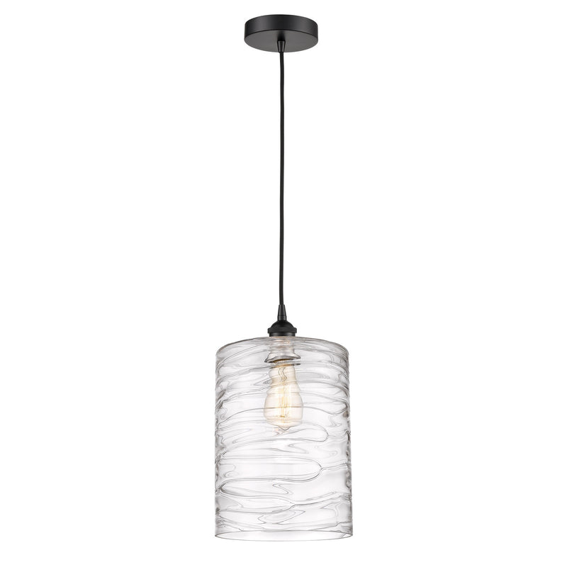 Innovations Cobbleskill 9in 1-Light Mini Pendant | Industrial Matte Black Steel and Deco Swirl Clear Glass | Kitchen Island & | Model 616-1P-BK-G1113-L
