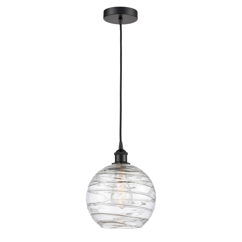 Innovations Athens Deco Swirl 10in 1-Light Mini Pendant | Industrial Matte Black Steel and Clear Deco Swirl Glass | Kitchen | Model 616-1P-BK-G1213-10CL