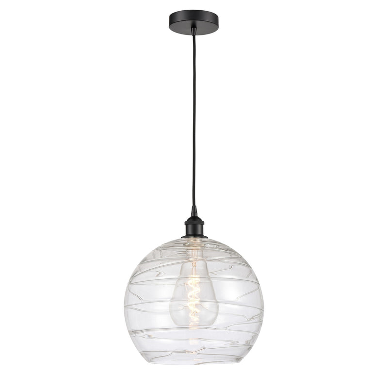 Innovations Athens Deco Swirl 14in 1-Light Mini Pendant | Industrial Matte Black Steel and Clear Deco Swirl Glass | Kitchen | Model 616-1P-BK-G1213-14CL