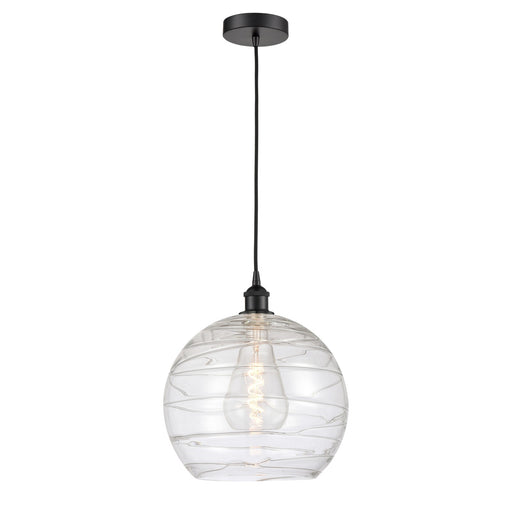 Innovations Athens Deco Swirl 14in 1-Light Mini Pendant | Industrial Matte Black Steel and Clear Deco Swirl Glass | Kitchen | Model 616-1P-BK-G1213-14CL