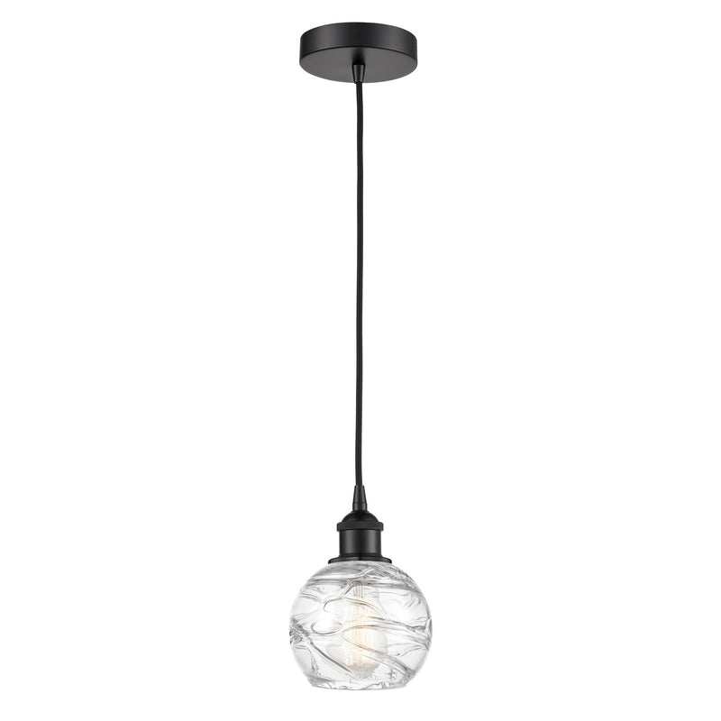 Innovations Athens Deco Swirl 6in 1-Light Mini Pendant | Industrial Matte Black Steel and Clear Deco Swirl Glass | Kitchen | Model 616-1P-BK-G1213-6CL