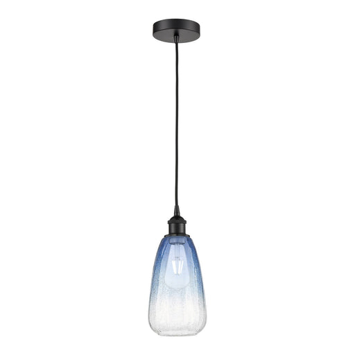 Innovations Brookhaven Almond 6in 1-Light Mini Pendant | Industrial Matte Black Steel and Sapphire Blue Glass | Kitchen Island | Model 616-1P-BK-G480-6SB