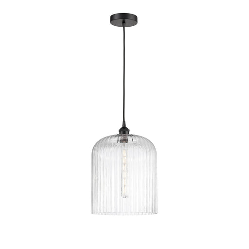 Innovations Bridal Veil 5in 1-Light Mini Pendant | Industrial Matte Black Steel and Clear Ribbed Glass | Kitchen Island & | Model 616-1P-BK-G559-12CL