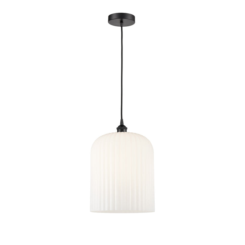 Innovations Bridal Veil 5in 1-Light Mini Pendant | Industrial Matte Black Steel and Gloss White Ribbed Glass | Kitchen Island | Model 616-1P-BK-G559-12GWH
