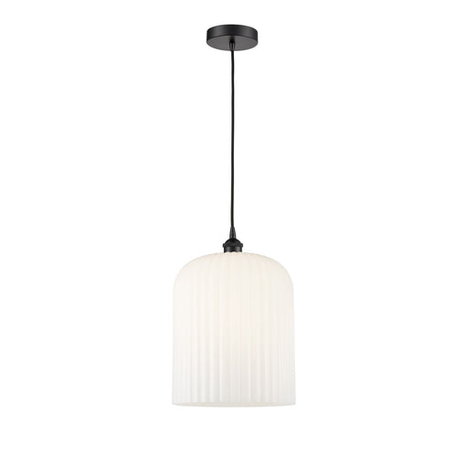 Innovations Bridal Veil 5in 1-Light Mini Pendant | Industrial Matte Black Steel and Gloss White Ribbed Glass | Kitchen Island | Model 616-1P-BK-G559-12GWH