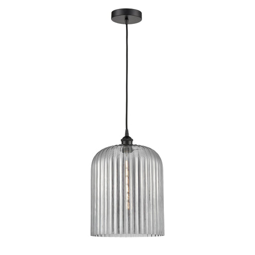 Innovations Bridal Veil 5in 1-Light Mini Pendant | Industrial Matte Black Steel and Light Smoke Ribbed Glass | Kitchen Island | Model 616-1P-BK-G559-12SM