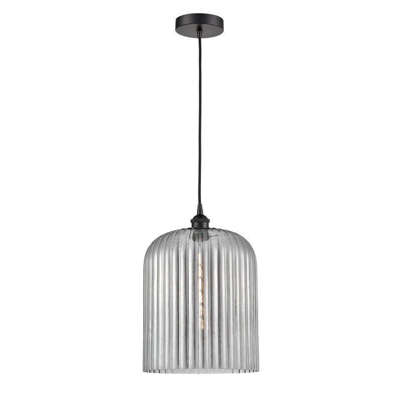 Innovations Bridal Veil 5in 1-Light Mini Pendant | Industrial Matte Black Steel and Light Smoke Ribbed Glass | Kitchen Island | Model 616-1P-BK-G559-12SM