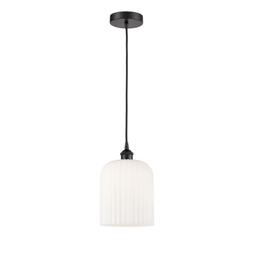 Innovations Bridal Veil 5in 1-Light Mini Pendant | Industrial Matte Black Steel and Gloss White Ribbed Glass | Kitchen Island | Model 616-1P-BK-G559-8GWH