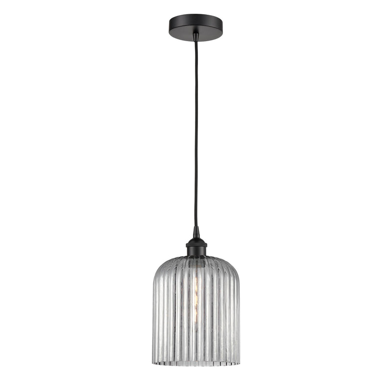 Innovations Bridal Veil 5in 1-Light Mini Pendant | Industrial Matte Black Steel and Light Smoke Ribbed Glass | Kitchen Island & | Model 616-1P-BK-G559-8SM