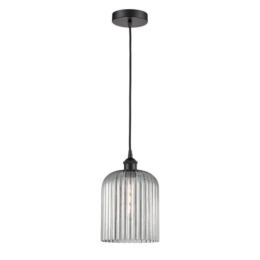 Innovations Bridal Veil 5in 1-Light Mini Pendant | Industrial Matte Black Steel and Light Smoke Ribbed Glass | Kitchen Island & | Model 616-1P-BK-G559-8SM