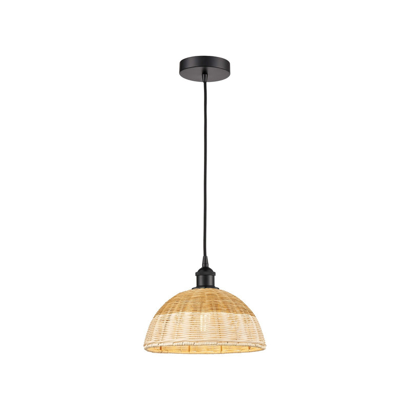 Innovations Natural Ballston Dome 12in 1-Light Mini Pendant | Farmhouse Matte Black Steel and Natural Fiber Dome Shade | Model 616-1P-BK-NBD2-12-NAT