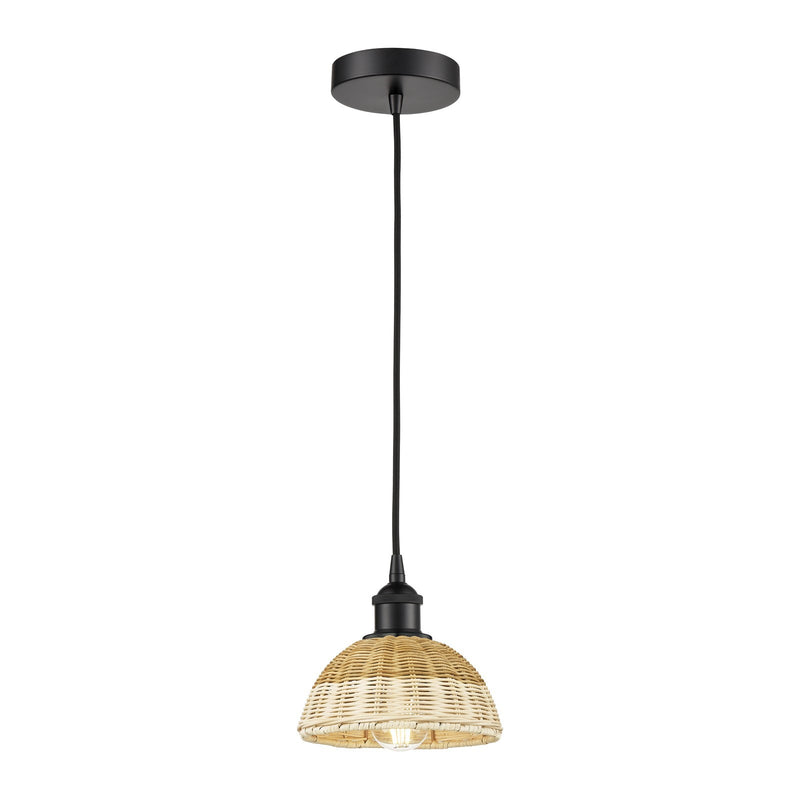 Innovations Natural Ballston Dome 7.5in 1-Light Mini Pendant | Farmhouse Matte Black Steel and Natural Fiber Dome Shade | Model 616-1P-BK-NBD2-75-NAT