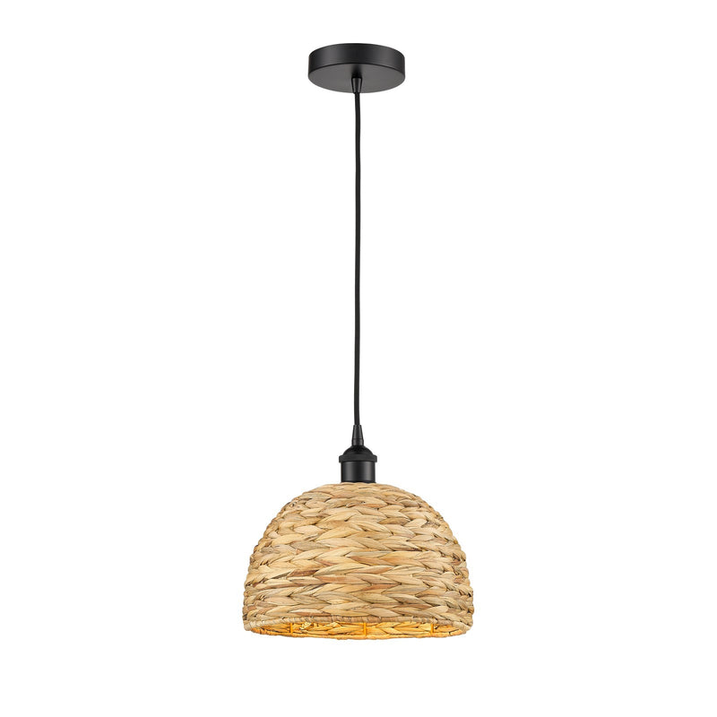 Innovations Woven Rattan 12in 1-Light Mini Pendant | Industrial Matte Black Steel and Natural Fiber Dome Shade | Kitchen | Model 616-1P-BK-RBD-12-NAT