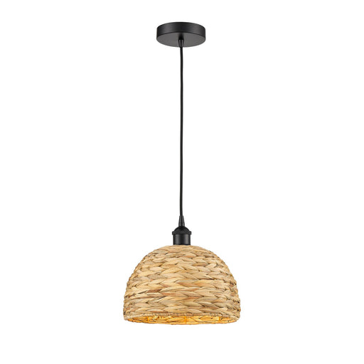Innovations Woven Rattan 12in 1-Light Mini Pendant | Industrial Matte Black Steel and Natural Fiber Dome Shade | Kitchen | Model 616-1P-BK-RBD-12-NAT