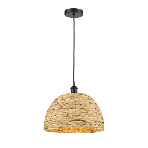 Innovations Woven Rattan 16in 1-Light Mini Pendant | Industrial Matte Black Steel and Natural Fiber Dome Shade | Kitchen | Model 616-1P-BK-RBD-16-NAT