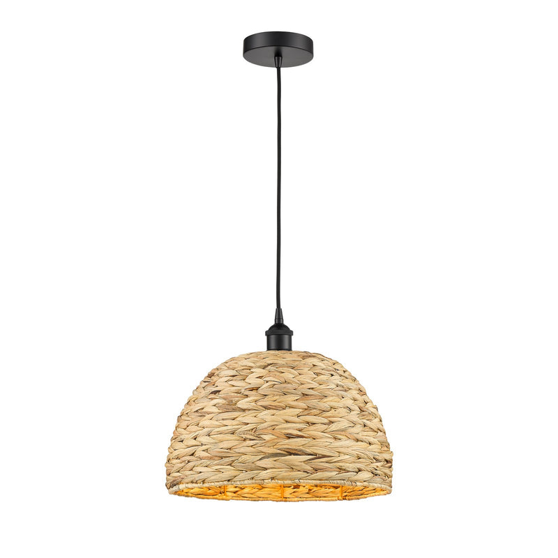 Innovations Woven Rattan 16in 1-Light Mini Pendant | Industrial Matte Black Steel and Natural Fiber Dome Shade | Kitchen | Model 616-1P-BK-RBD-16-NAT