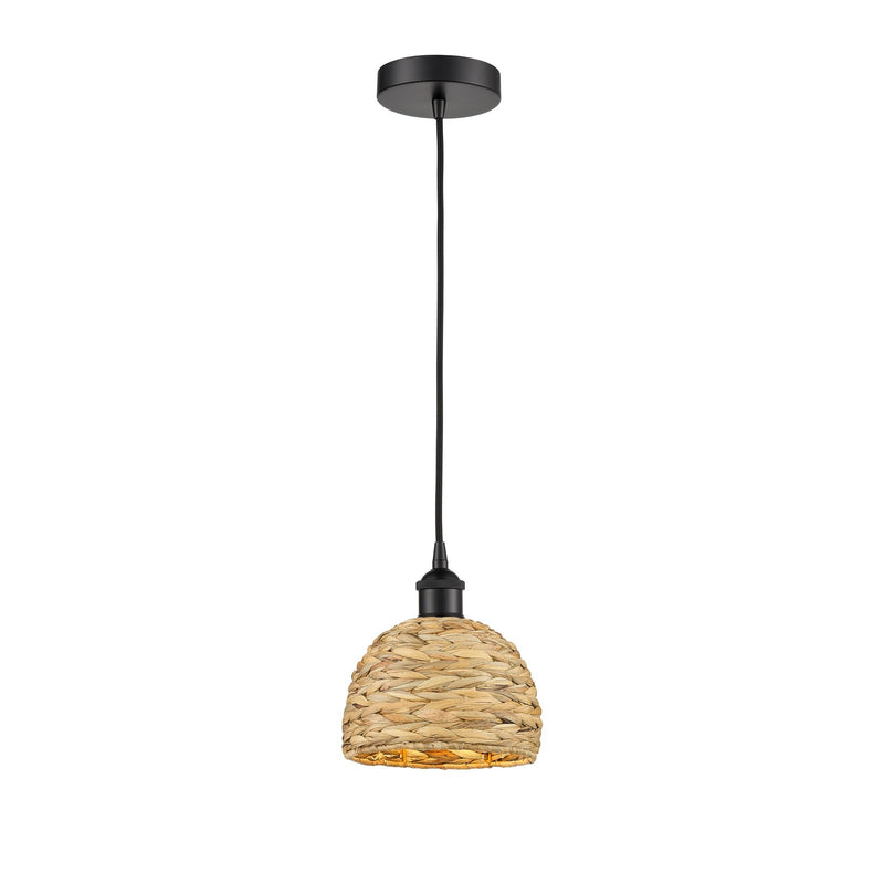 Innovations Woven Rattan 8in 1-Light Mini Pendant | Rustic Farmhouse Matte Black Steel and Natural Woven Rattan Shade | Model 616-1P-BK-RBD-8-NAT