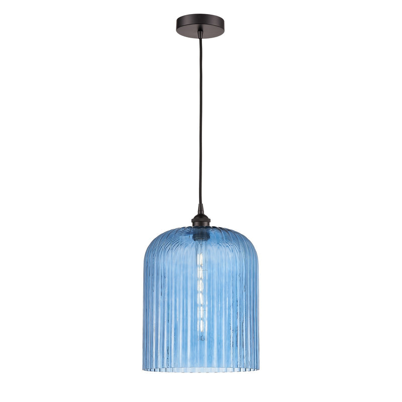 Innovations Bridal Veil 5in 1-Light Mini Pendant | Art Nouveau Oil Rubbed Bronze and Princess Blue Ribbed Glass | Kitchen | Model 616-1P-OB-G559-12BL
