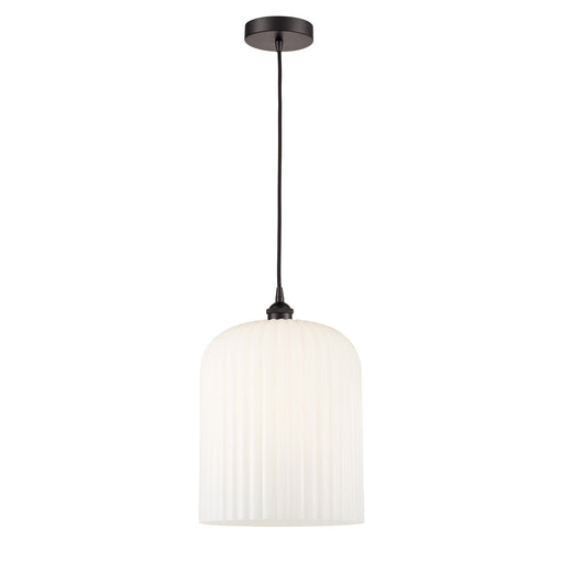 Innovations Bridal Veil 5in 1-Light Mini Pendant | Industrial Oil Rubbed Bronze and Gloss White Ribbed Glass | Kitchen Island | Model 616-1P-OB-G559-12GWH