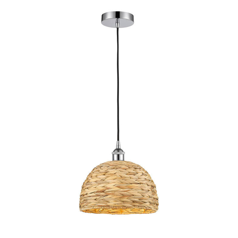 Innovations Woven Rattan 12in 1-Light Mini Pendant | Industrial Polished Chrome and Natural Fiber Dome Shade | Kitchen Island | Model 616-1P-PC-RBD-12-NAT