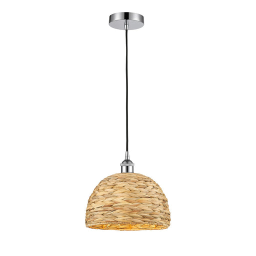 Innovations Woven Rattan 12in 1-Light Mini Pendant | Industrial Polished Chrome and Natural Fiber Dome Shade | Kitchen Island | Model 616-1P-PC-RBD-12-NAT