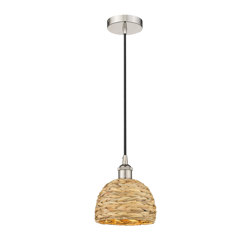 Innovations Woven Rattan 8in 1-Light Mini Pendant | Rustic Farmhouse Polished Nickel and Natural Woven Rattan | Kitchen Island | Model 616-1P-PN-RBD-8-NAT