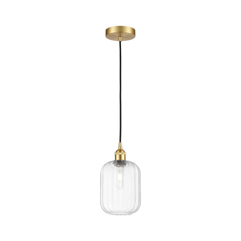 Innovations Preston Cylinder 7in 1-Light Mini Pendant | Industrial Satin Gold Steel and Clear Glass | Kitchen Island & Dining | Model 616-1P-SG-G460-7CL