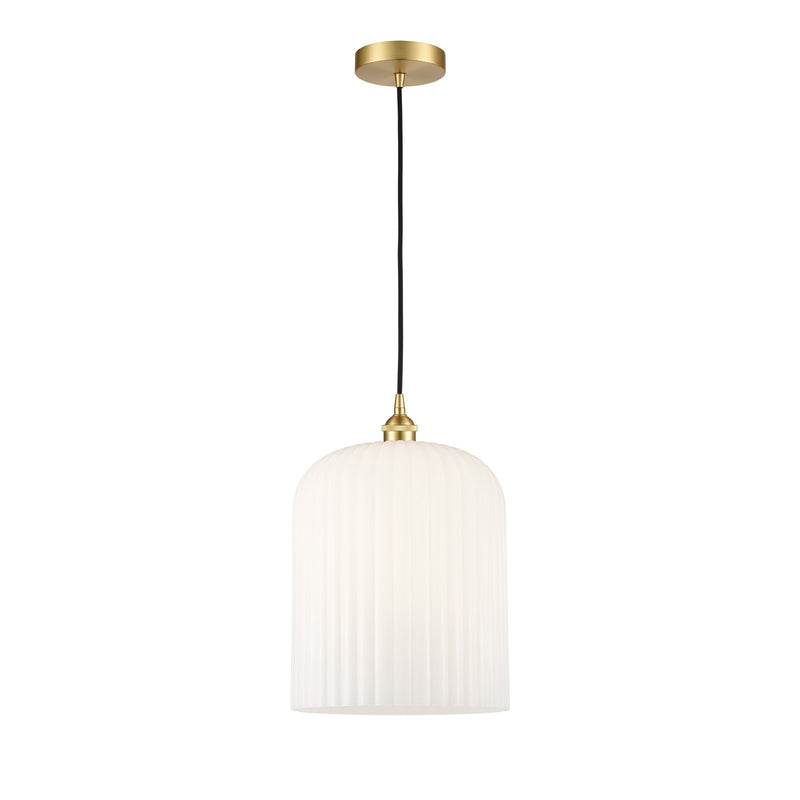 Innovations Bridal Veil 5in 1-Light Mini Pendant | Art Nouveau Satin Gold Steel and Gloss White Ribbed Glass | Kitchen Island | Model 616-1P-SG-G559-12GWH