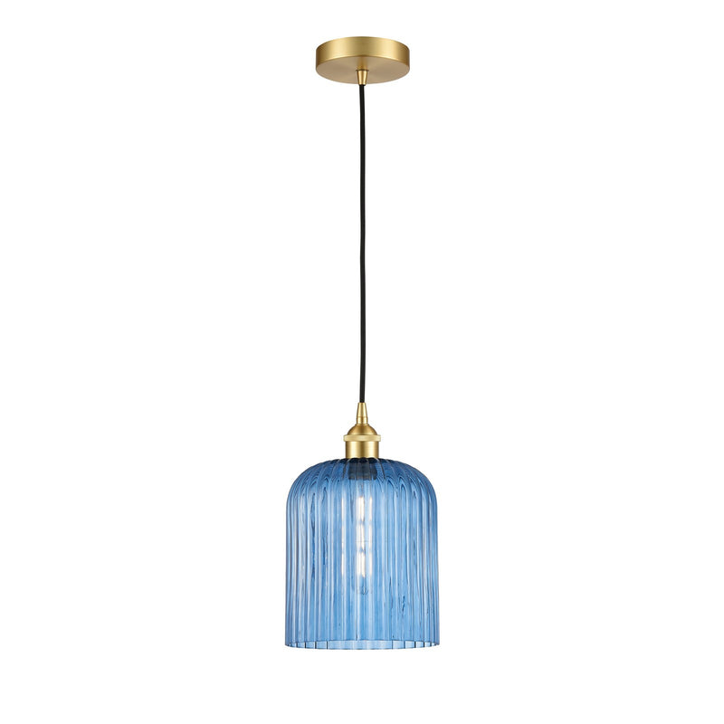 Innovations Bridal Veil 5in 1-Light Mini Pendant | Art Nouveau Satin Gold Steel and Princess Blue Ribbed Glass | Kitchen Island | Model 616-1P-SG-G559-8BL