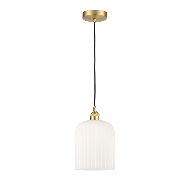 Innovations Bridal Veil 5in 1-Light Mini Pendant | Art Nouveau Satin Gold Steel and Gloss White Ribbed Glass | Kitchen Island | Model 616-1P-SG-G559-8GWH