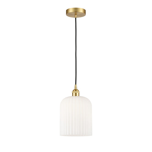 Innovations Bridal Veil 5in 1-Light Mini Pendant | Art Nouveau Satin Gold Steel and Gloss White Ribbed Glass | Kitchen Island | Model 616-1P-SG-G559-8GWH
