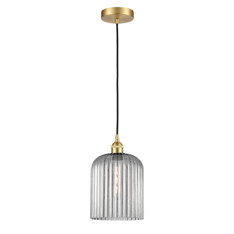 Innovations Bridal Veil 5in 1-Light Mini Pendant | Art Nouveau Satin Gold Steel and Light Smoke Ribbed Glass | Kitchen Island & | Model 616-1P-SG-G559-8SM