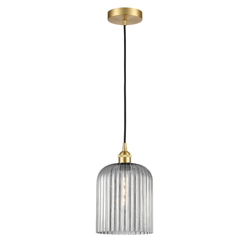 Innovations Bridal Veil 5in 1-Light Mini Pendant | Art Nouveau Satin Gold Steel and Light Smoke Ribbed Glass | Kitchen Island & | Model 616-1P-SG-G559-8SM