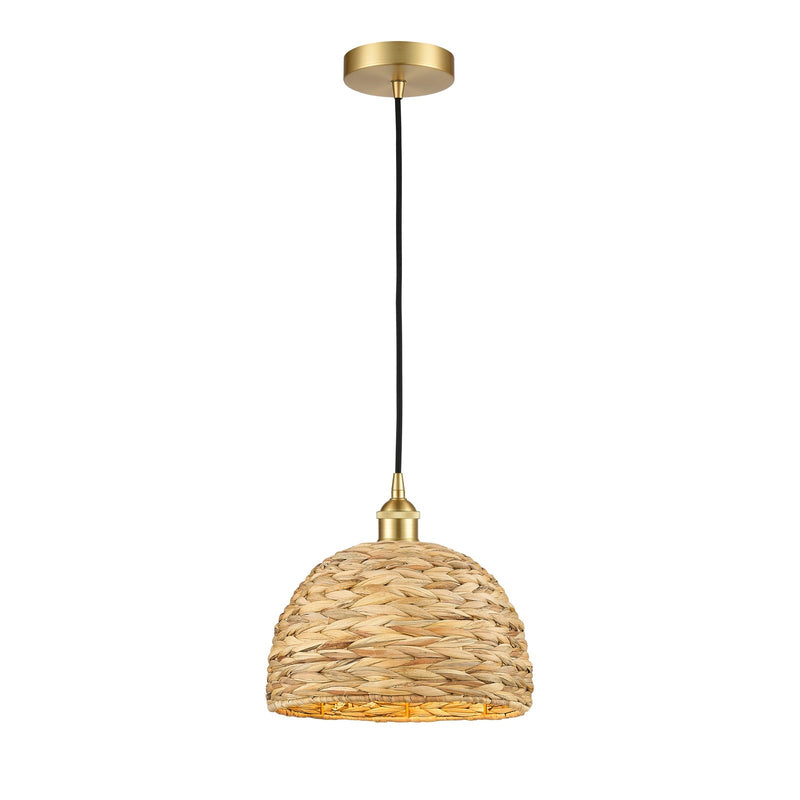 Innovations Woven Rattan 12in 1-Light Mini Pendant | Industrial Satin Gold Steel and Natural Fiber Dome Shade | Kitchen | Model 616-1P-SG-RBD-12-NAT