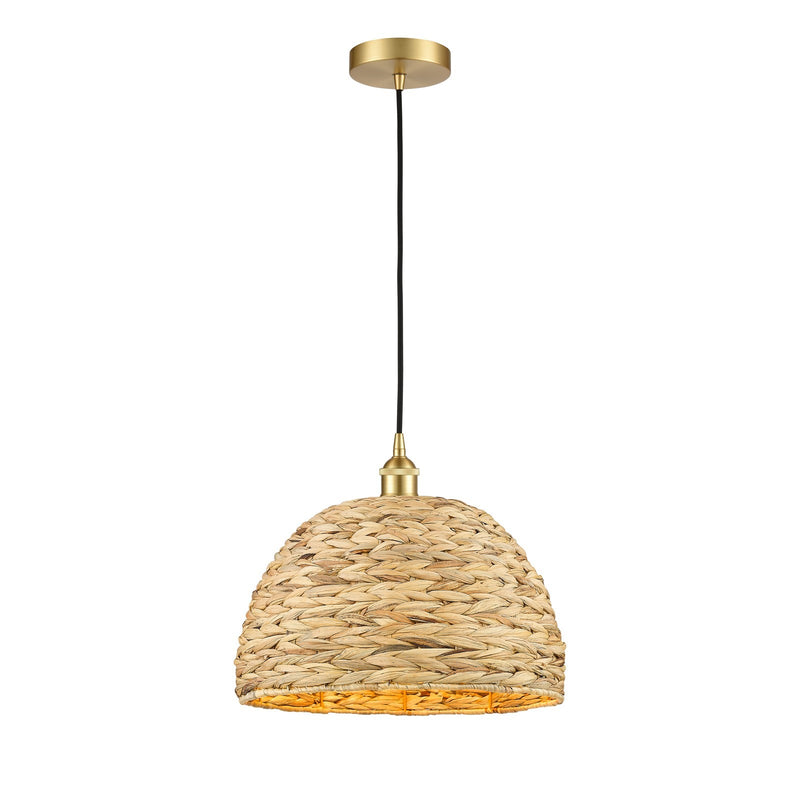 Innovations Woven Rattan 16in 1-Light Mini Pendant | Industrial Satin Gold Steel and Natural Fiber Dome Shade | Kitchen | Model 616-1P-SG-RBD-16-NAT