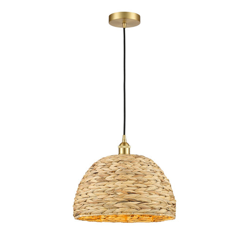 Innovations Woven Rattan 16in 1-Light Mini Pendant | Industrial Satin Gold Steel and Natural Fiber Dome Shade | Kitchen | Model 616-1P-SG-RBD-16-NAT