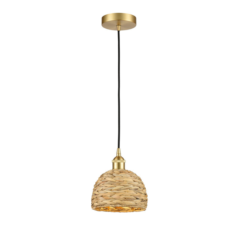 Innovations Woven Rattan 8in 1-Light Mini Pendant | Rustic Farmhouse Satin Gold Steel and Natural Woven Rattan | Kitchen | Model 616-1P-SG-RBD-8-NAT