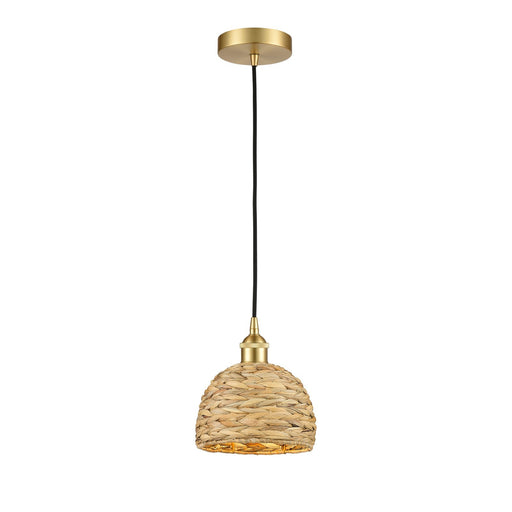 Innovations Woven Rattan 8in 1-Light Mini Pendant | Rustic Farmhouse Satin Gold Steel and Natural Woven Rattan | Kitchen | Model 616-1P-SG-RBD-8-NAT